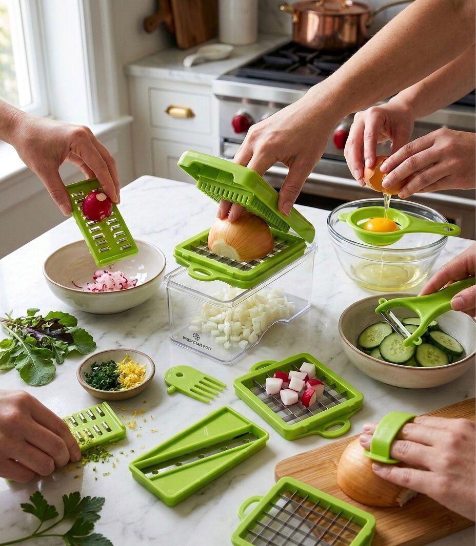 Multifunctional 16 in 1 Food Chopper, Vegetable Chopper, Onion Chopper, Vegetable Slicer, Dicer, Vegetable Chopper with 8 Blades, Colander Basket, Salad Potato Carrot Garlic Container, Multifunctional Cutter with Drain Basket, Chopper with Container