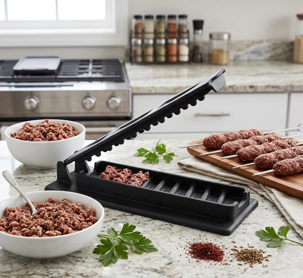 Multi-Functional Skewer Mold& BBQ Skewer Maker- Manual, Food Grade ABS Plastic Material, Suitable for Beef, Vegetables, Seafood, and Sausages, Ideal for Outdoor BBQ and Cooking