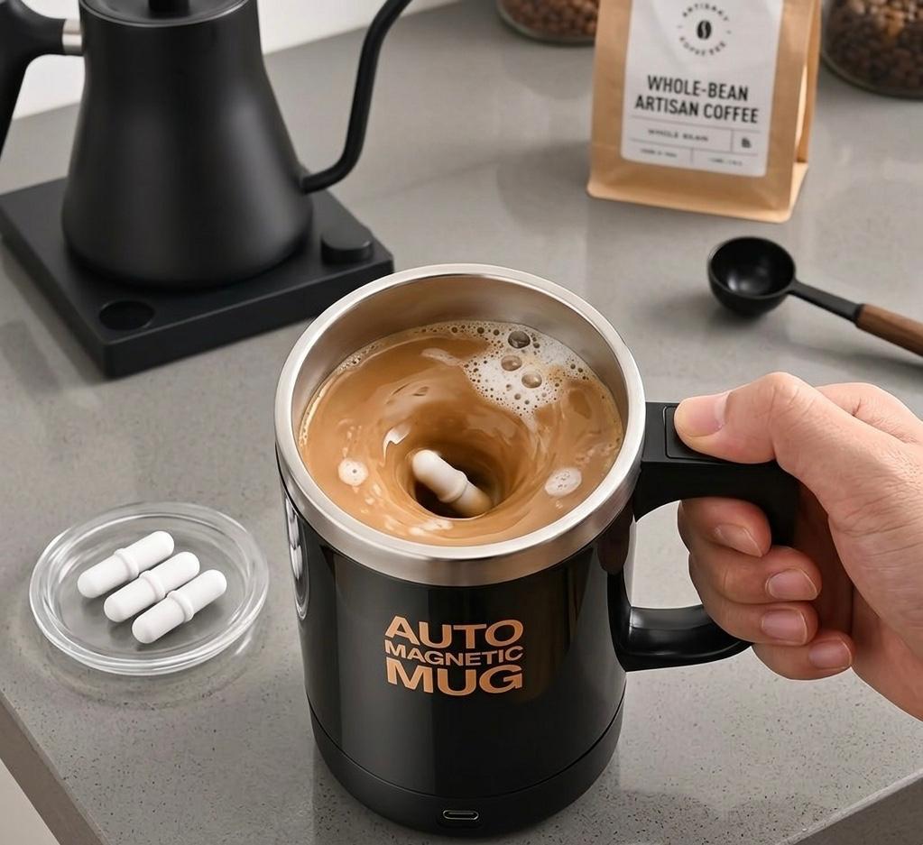 Automatic Magnetic Stirring Coffee Mug, Reusable Rotating Home Office Travel Mixing Cup, Stainless Steel Self Mixing Coffee Tumble,coffee Cup,electric Portable Water Cup,brewing Magnetic Rotation, Battery Model Electric Mixing Cup