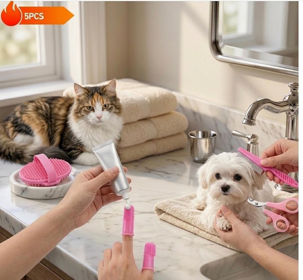 5pcs Pet Grooming Kit: Self-Cleaning Slicker Brush, Stainless Steel Flea Comb, Nail Clippers & More - Non-Electric Dog Care Set