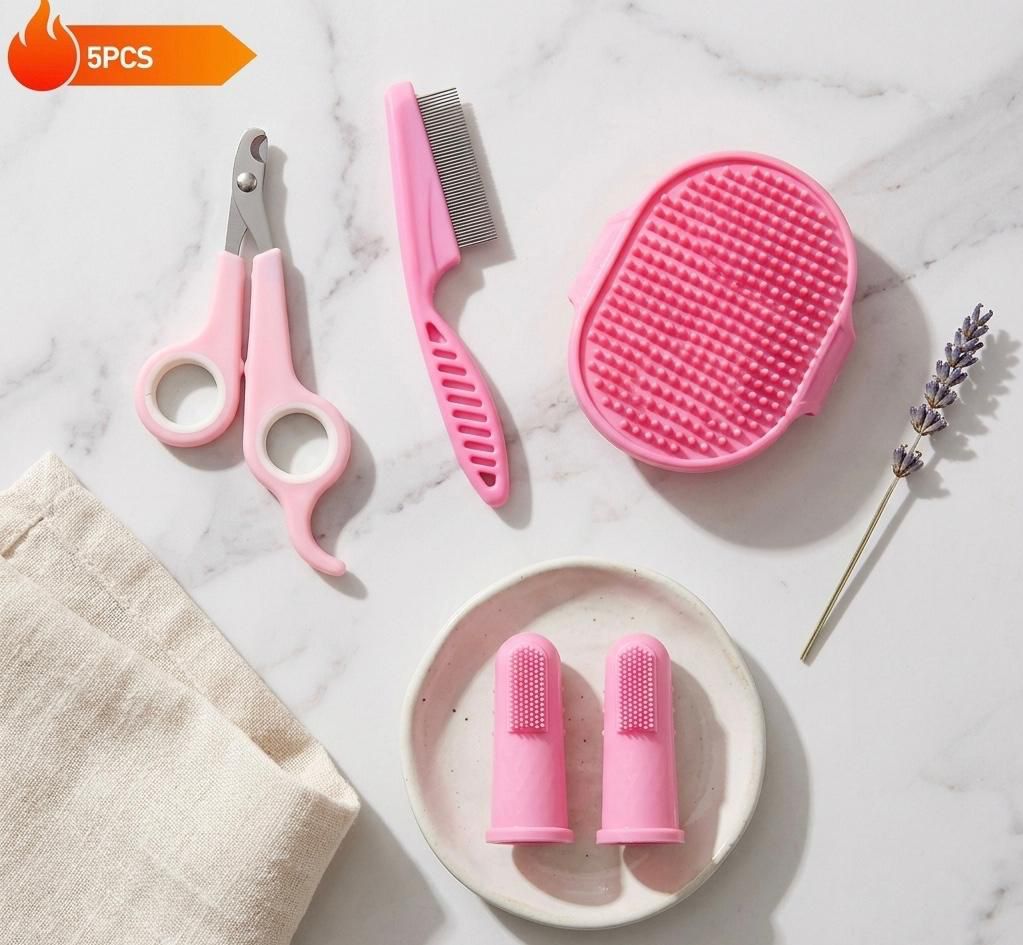 5pcs Pet Grooming Kit: Self-Cleaning Slicker Brush, Stainless Steel Flea Comb, Nail Clippers & More - Non-Electric Dog Care Set