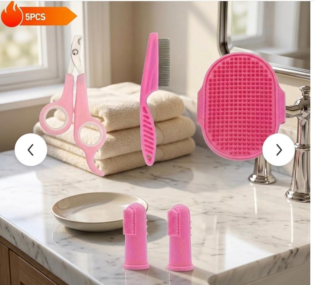 5pcs Pet Grooming Kit: Self-Cleaning Slicker Brush, Stainless Steel Flea Comb, Nail Clippers & More - Non-Electric Dog Care Set