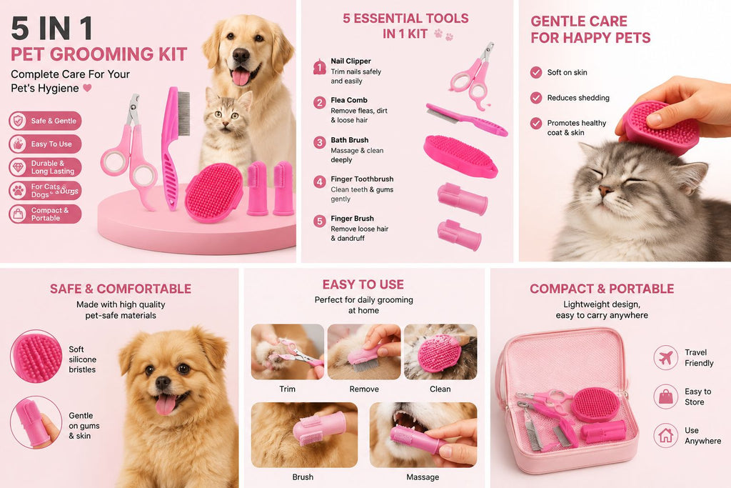 5pcs Pet Grooming Kit: Self-Cleaning Slicker Brush, Stainless Steel Flea Comb, Nail Clippers & More - Non-Electric Dog Care Set