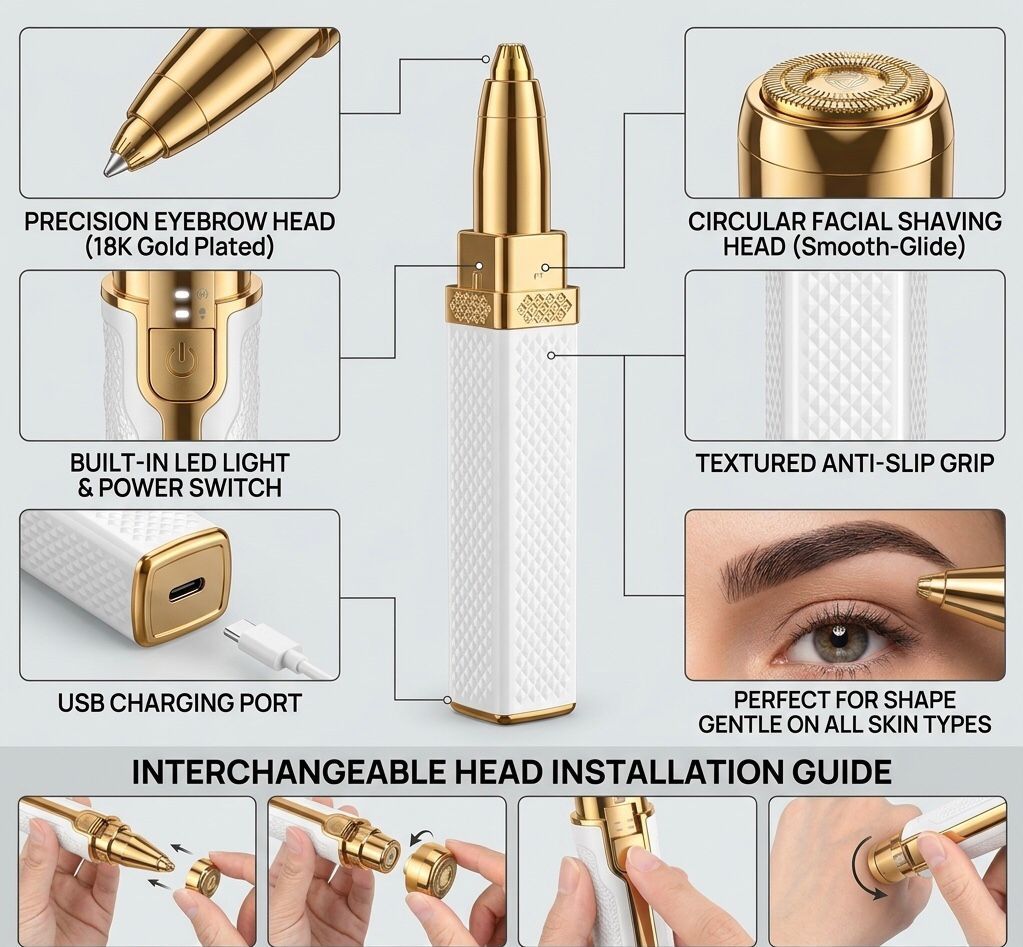 Eyebrow & Facial Hair Removal for Women, 2 in 1 Rechargeable Nose Hair & Eyebrow Trimmer, Portable Shaver with LED Light, Painless Facial Hair Trimmer for Eyebrows Lips