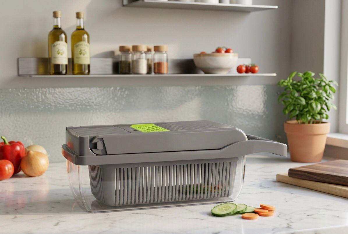 Multifunctional 16 in 1 Food Chopper, Vegetable Chopper, Onion Chopper, Vegetable Slicer, Dicer, Vegetable Chopper with 8 Blades, Colander Basket, Salad Potato Carrot Garlic Container, Multifunctional Cutter with Drain Basket, Chopper with Container