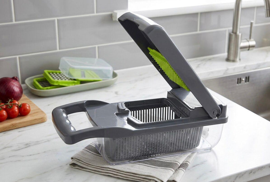 Multifunctional 16 in 1 Food Chopper, Vegetable Chopper, Onion Chopper, Vegetable Slicer, Dicer, Vegetable Chopper with 8 Blades, Colander Basket, Salad Potato Carrot Garlic Container, Multifunctional Cutter with Drain Basket, Chopper with Container
