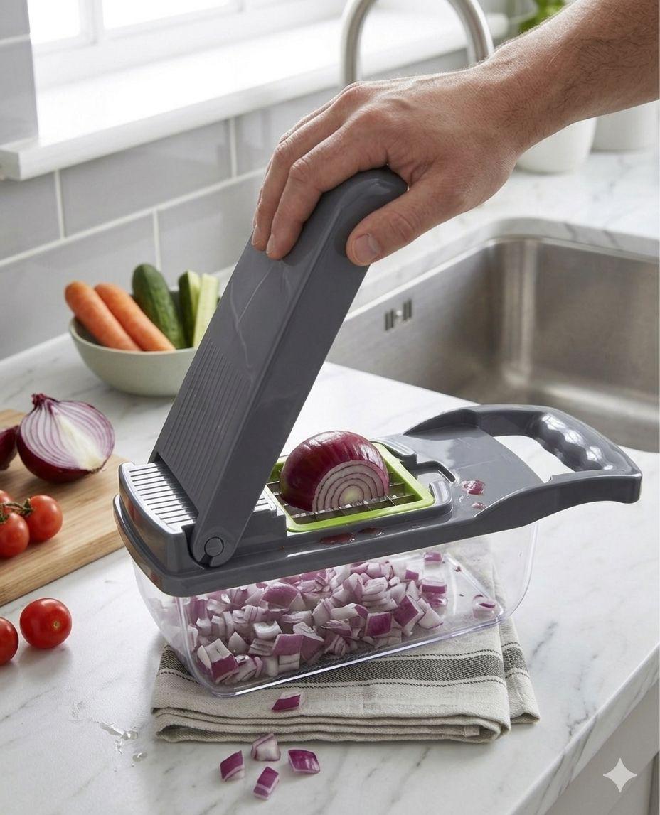 Multifunctional 16 in 1 Food Chopper, Vegetable Chopper, Onion Chopper, Vegetable Slicer, Dicer, Vegetable Chopper with 8 Blades, Colander Basket, Salad Potato Carrot Garlic Container, Multifunctional Cutter with Drain Basket, Chopper with Container
