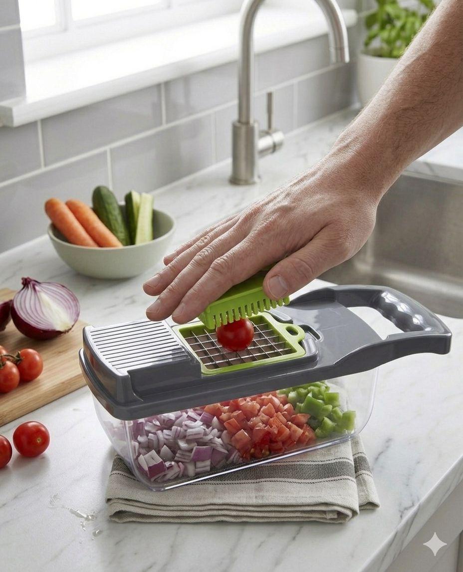 Multifunctional 16 in 1 Food Chopper, Vegetable Chopper, Onion Chopper, Vegetable Slicer, Dicer, Vegetable Chopper with 8 Blades, Colander Basket, Salad Potato Carrot Garlic Container, Multifunctional Cutter with Drain Basket, Chopper with Container