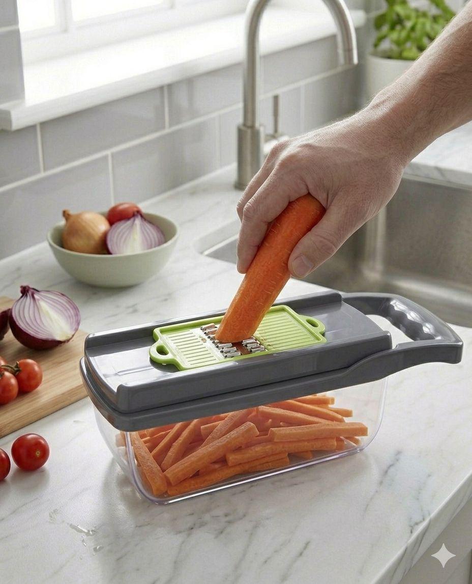 Multifunctional 16 in 1 Food Chopper, Vegetable Chopper, Onion Chopper, Vegetable Slicer, Dicer, Vegetable Chopper with 8 Blades, Colander Basket, Salad Potato Carrot Garlic Container, Multifunctional Cutter with Drain Basket, Chopper with Container