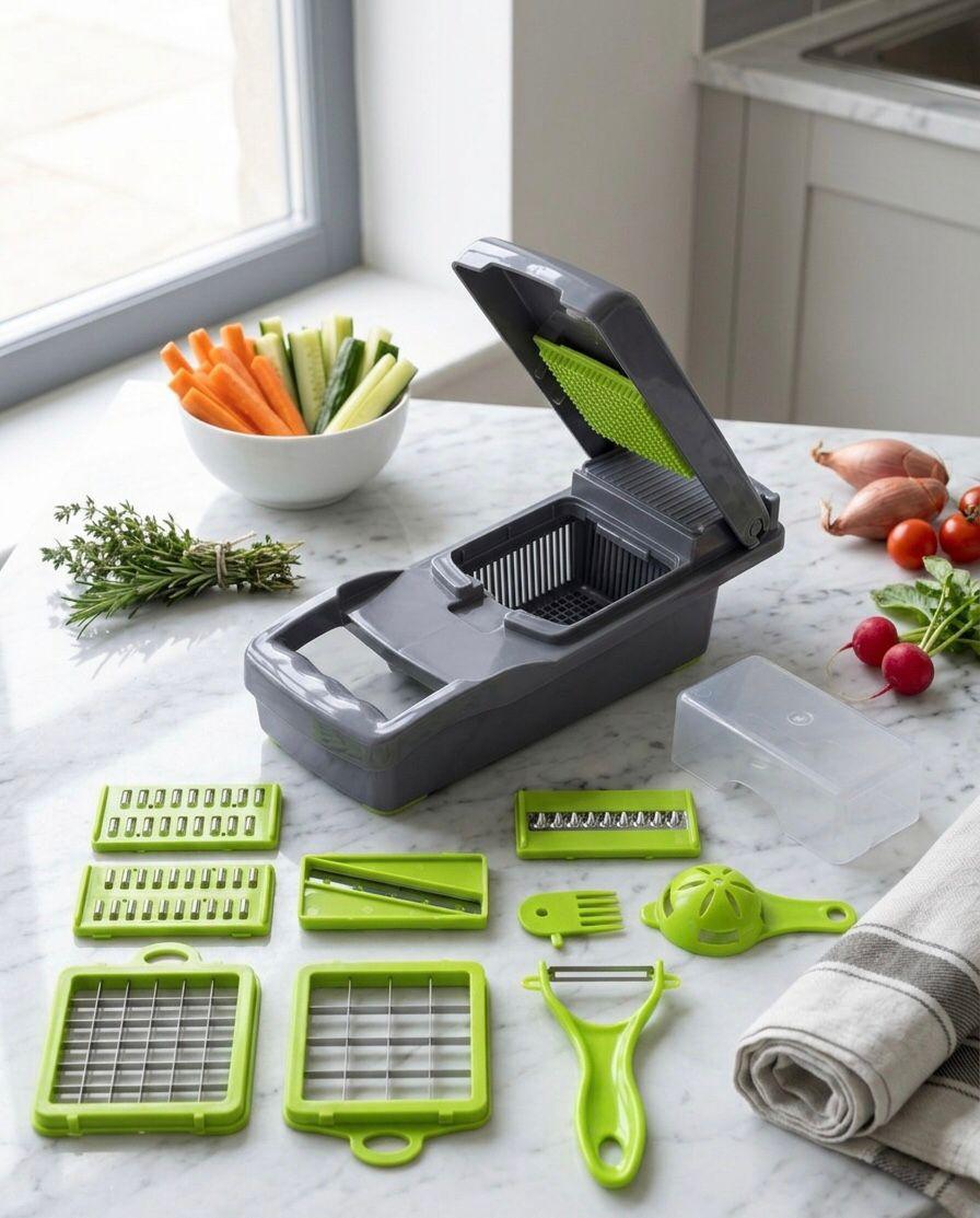 Multifunctional 16 in 1 Food Chopper, Vegetable Chopper, Onion Chopper, Vegetable Slicer, Dicer, Vegetable Chopper with 8 Blades, Colander Basket, Salad Potato Carrot Garlic Container, Multifunctional Cutter with Drain Basket, Chopper with Container